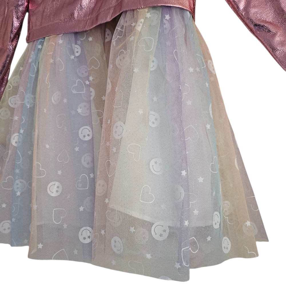 NWT Sparkle & Shine Girls Smiley Face Mesh Dress Metallic Moto Jacket Set, 4T - Picture 12 of 16